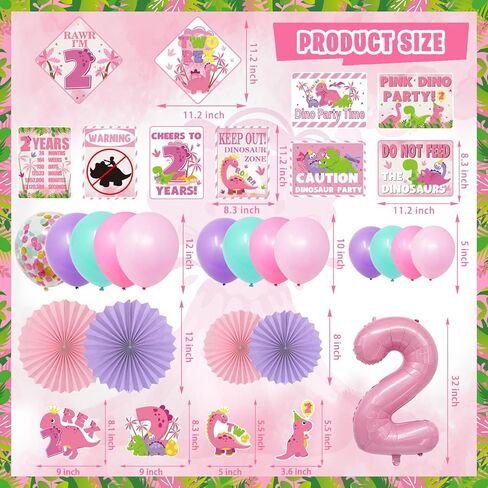 Pink Dinosaur Birthday Decorations for 2nd Girls, Two Rex Girl Dino Theme Party Decor Supplies - Backdrop, Banner, Tablecloth, Centerpieces, Temporary Tattoos, Fans Pompoms, Wall Signs in Saudi Arabia