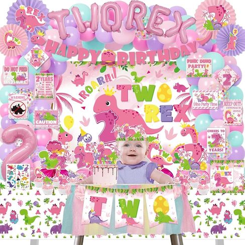 Pink Dinosaur Birthday Decorations for 2nd Girls, Two Rex Girl Dino Theme Party Decor Supplies - Backdrop, Banner, Tablecloth, Centerpieces, Temporary Tattoos, Fans Pompoms, Wall Signs in Saudi Arabia