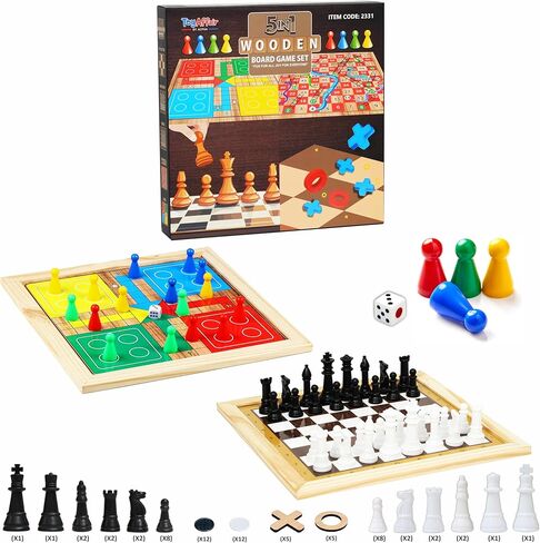 Ankit Toys & Games 5-in-1 Wooden Board Game Set Includes Ludo, Snakes & Ladders, Chess, Checkers, and Tic Tac Toe. Portable Fun for Kids, Adults and Family Game Nights | 2 Reversible Boards in Saudi Arabia