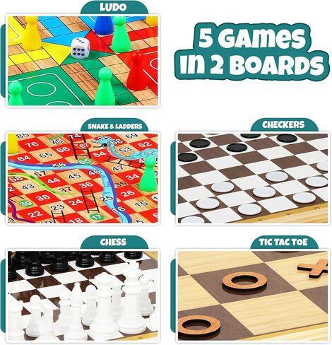 Ankit Toys & Games 5-in-1 Wooden Board Game Set Includes Ludo, Snakes & Ladders, Chess, Checkers, and Tic Tac Toe. Portable Fun for Kids, Adults and Family Game Nights | 2 Reversible Boards in Saudi Arabia