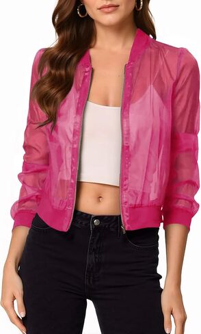 Fisoew Women's Crop Mesh Sheer Bomber Jackets Lightweight Long Sleeve Zip Up Jacket Outwear in Saudi Arabia