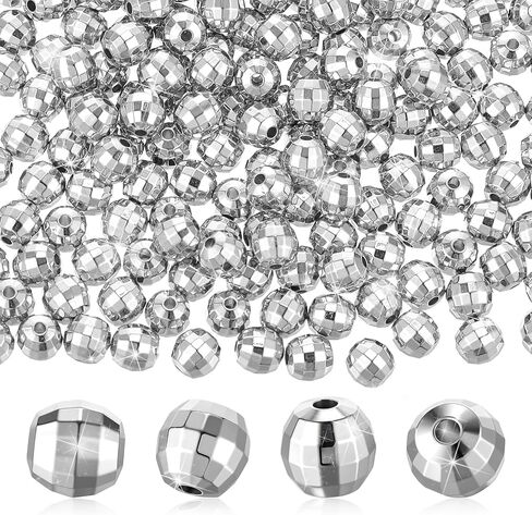 200Pcs Disco Ball Beads Round Silver Reflective Mirrorball Charms Mini Disco Ball Bracelet Necklace Jewelry Earrings Making Supplies for 70s 80s Costume DJ Dance Party, 8mm in Saudi Arabia