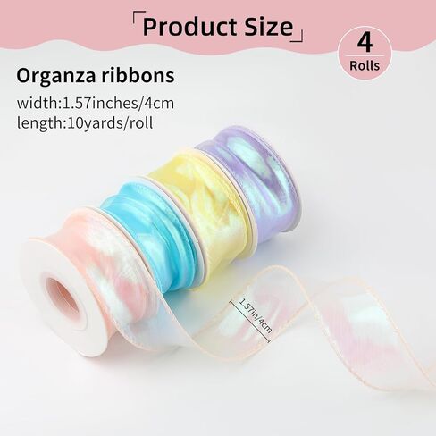4 Rolls Laser Organza Ribbon 1-1/2 Inch Wide 10 Yards,Shimmer Sheer Chiffon Ribbon for Christmas Tree Gift Wrapping Bow Making Wedding Flower Bouquet Crafts(Blue Pink Purple Yellow in Saudi Arabia