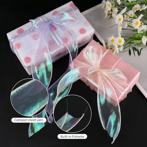 4 Rolls Laser Organza Ribbon 1-1/2 Inch Wide 10 Yards,Shimmer Sheer Chiffon Ribbon for Christmas Tree Gift Wrapping Bow Making Wedding Flower Bouquet Crafts(Blue Pink Purple Yellow in Saudi Arabia