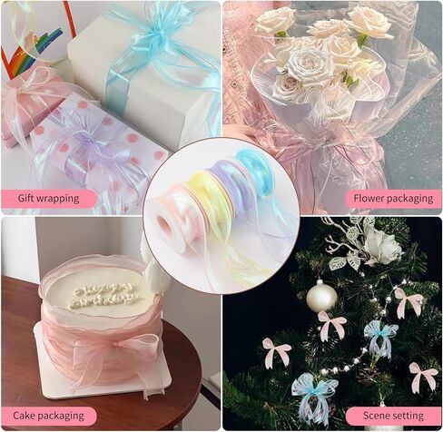 4 Rolls Laser Organza Ribbon 1-1/2 Inch Wide 10 Yards,Shimmer Sheer Chiffon Ribbon for Christmas Tree Gift Wrapping Bow Making Wedding Flower Bouquet Crafts(Blue Pink Purple Yellow in Saudi Arabia