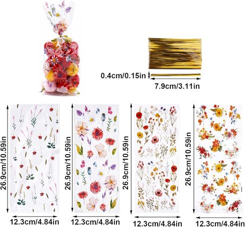 lasuroa 100 قطعة من أكياس علاج السيلوفان على شكل زهرة برية، 4 تصميمات من أكياس هدايا حلوى الزهور البلاستيكية مع 100 ربطة عنق ملفوفة من الزهور البرية لحفلات الزفاف وحفلات الربيع وحفلات الزفاف وأعياد الميلاد in Kuwait