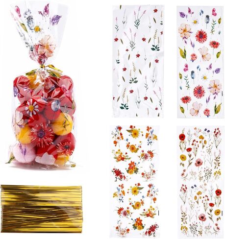 lasuroa 100 قطعة من أكياس علاج السيلوفان على شكل زهرة برية، 4 تصميمات من أكياس هدايا حلوى الزهور البلاستيكية مع 100 ربطة عنق ملفوفة من الزهور البرية لحفلات الزفاف وحفلات الربيع وحفلات الزفاف وأعياد الميلاد in Kuwait