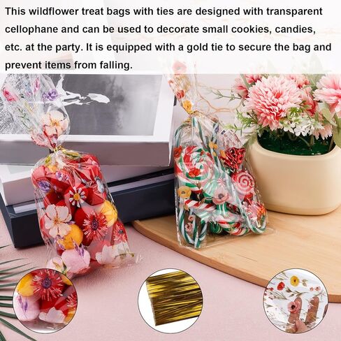 lasuroa 100 قطعة من أكياس علاج السيلوفان على شكل زهرة برية، 4 تصميمات من أكياس هدايا حلوى الزهور البلاستيكية مع 100 ربطة عنق ملفوفة من الزهور البرية لحفلات الزفاف وحفلات الربيع وحفلات الزفاف وأعياد الميلاد in Kuwait