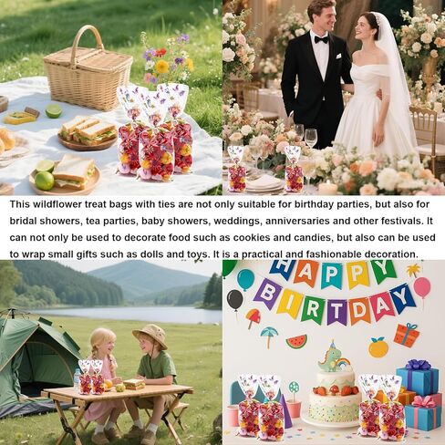 lasuroa 100 قطعة من أكياس علاج السيلوفان على شكل زهرة برية، 4 تصميمات من أكياس هدايا حلوى الزهور البلاستيكية مع 100 ربطة عنق ملفوفة من الزهور البرية لحفلات الزفاف وحفلات الربيع وحفلات الزفاف وأعياد الميلاد in Kuwait