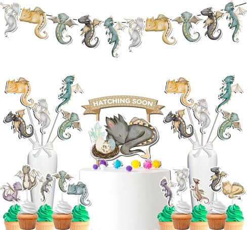 Dragon Baby Shower Decorations Set with Banner Cupcake Toppers Cake Topper and Centerpieces Fantasy Birthday Party Supplies Hatching Soon Theme in Saudi Arabia