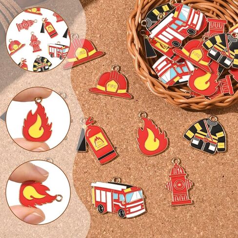 SUNNYCLUE 1 صندوق 24 قطعة 6 أنماط رجال الإطفاء سحر شاحنة إطفاء سحر السائبة سبائك الذهب المعدنية المينا رجل الإطفاء تحت عنوان محركات النار لهب المعلقات لصنع المجوهرات قلادة سوار أقراط الحرف اليدوية DIY in Kuwait