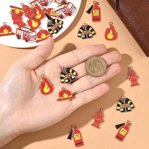 SUNNYCLUE 1 صندوق 24 قطعة 6 أنماط رجال الإطفاء سحر شاحنة إطفاء سحر السائبة سبائك الذهب المعدنية المينا رجل الإطفاء تحت عنوان محركات النار لهب المعلقات لصنع المجوهرات قلادة سوار أقراط الحرف اليدوية DIY in Kuwait