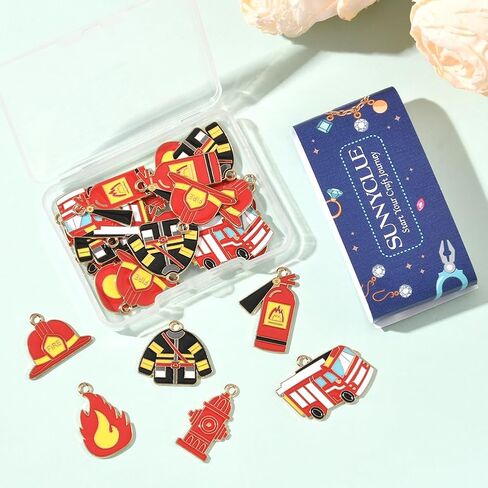 SUNNYCLUE 1 صندوق 24 قطعة 6 أنماط رجال الإطفاء سحر شاحنة إطفاء سحر السائبة سبائك الذهب المعدنية المينا رجل الإطفاء تحت عنوان محركات النار لهب المعلقات لصنع المجوهرات قلادة سوار أقراط الحرف اليدوية DIY in Kuwait