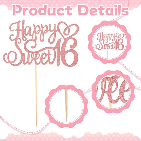 Sweet 16 Topper Rose Gold, Glittery 16th Happy Birthday Cake Topper Happy 16th Birthday Cake Toppers HappyBirthday Candles Sweet 16 Cakes Decorations for Celebrating Birthdays Anniversary Party Decor in Saudi Arabia