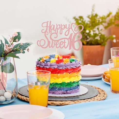 Sweet 16 Topper Rose Gold, Glittery 16th Happy Birthday Cake Topper Happy 16th Birthday Cake Toppers HappyBirthday Candles Sweet 16 Cakes Decorations for Celebrating Birthdays Anniversary Party Decor in Saudi Arabia