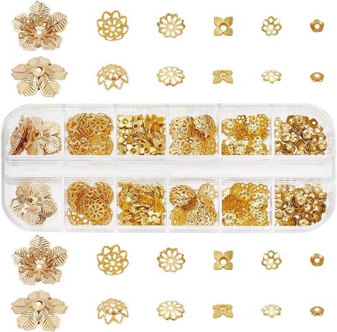 PH PandaHall 390 قطعة من قبعات الخرزات 6 أنماط من قبعات الخرزات الزهرية، أغطية خرز معدنية من سبائك الحديد والنحاس قبعات نهاية ساحرة، خرز فاصل لأساور القرط، صناعة المجوهرات، الحرف اليدوية، ذهبي in Kuwait