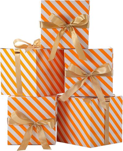 MotiMind 5 Pack Yellow and White Striped Gift Boxes with Lids 7x7x7 Square Gift Box with Ribbons for Wrapping Presents Wedding Bridesmaid Holiday Party Favor Boxes in Saudi Arabia