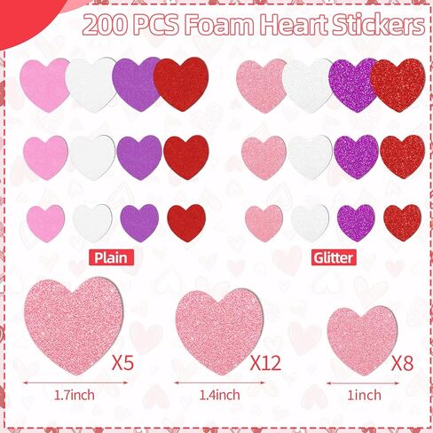 200 PCS Red Pink White Purple Glitter & Plain Foam Heart Stickers, 3 Sizes Self-Adhesive Foam Heart Decorations for Valentine’s Day Crafts, Classroom Projects, DIY Cardmaking, Gift Bags & Scrapbooking in Saudi Arabia
