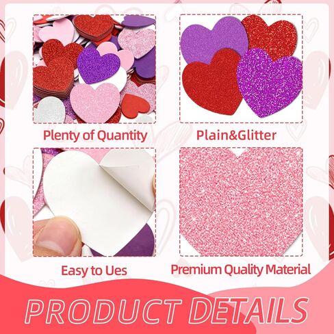 200 PCS Red Pink White Purple Glitter & Plain Foam Heart Stickers, 3 Sizes Self-Adhesive Foam Heart Decorations for Valentine’s Day Crafts, Classroom Projects, DIY Cardmaking, Gift Bags & Scrapbooking in Saudi Arabia