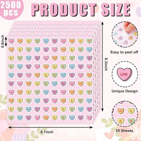 JarThenaAMCS 2500Pcs Mini Heart Valentine's Day Stickers Candy Conversation Heart Paper Decals Teacher Reward Stickers for Envelope Card Craft Scrapbook Decor in Saudi Arabia