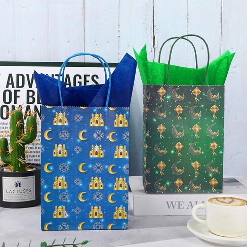 FYSUIMU 16Pcs Eid Mubarak Paper Bags with 20 Sheets Tissue Paper Gold Mosque Moon Star Treat Bags with Handles Candy Goodie Bags for Ramadan Muslim Party Favors Supplies in Saudi Arabia