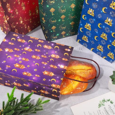 FYSUIMU 16Pcs Eid Mubarak Paper Bags with 20 Sheets Tissue Paper Gold Mosque Moon Star Treat Bags with Handles Candy Goodie Bags for Ramadan Muslim Party Favors Supplies in Saudi Arabia