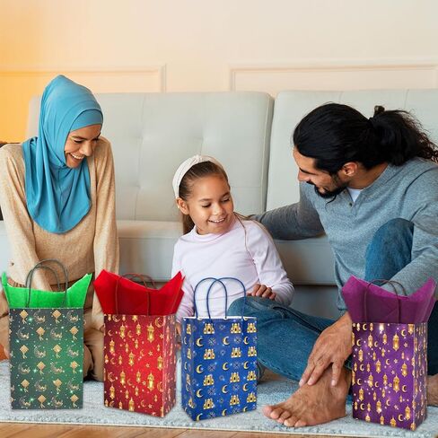 FYSUIMU 16Pcs Eid Mubarak Paper Bags with 20 Sheets Tissue Paper Gold Mosque Moon Star Treat Bags with Handles Candy Goodie Bags for Ramadan Muslim Party Favors Supplies in Saudi Arabia