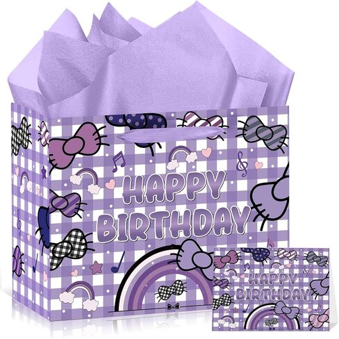 Large Kawaii Cartoon Birthday Bag with Card and Tissue Paper Purple Buffalo Plaid Birthday Gift Wrap Bag Cute Cat Bow Rainbow Wrapping Paper Candy Treat Bags for Bday Baby Shower Theme Party Supplies in Saudi Arabia