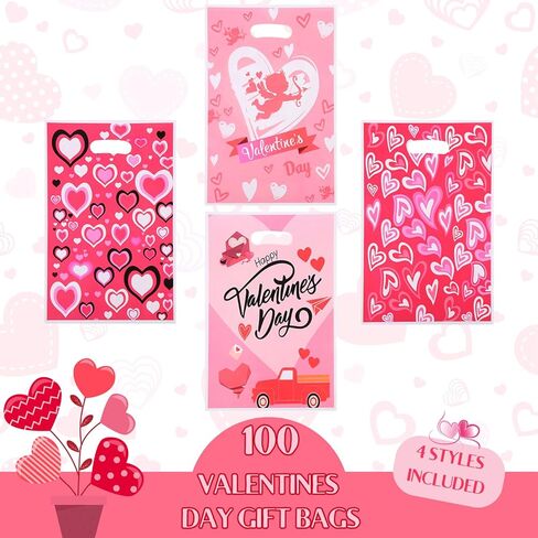 Corbekel 100 PCS Valentines Day Gift Bags with Handles, Valentines Day Goodie Bags in 4 Styles, Heart Candy Bags for Valentine's Day Party Favor Supplies & Classroom Gift Exchange in Saudi Arabia