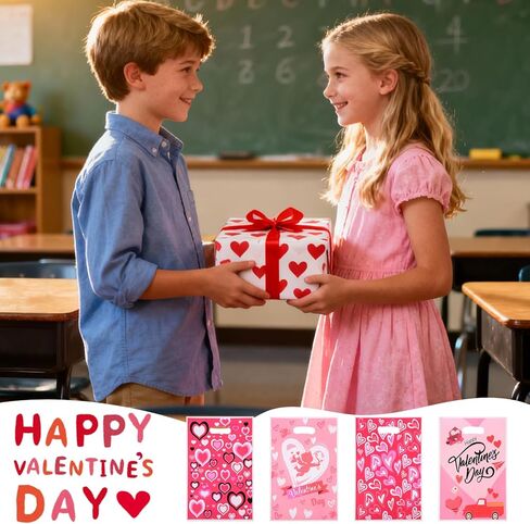 Corbekel 100 PCS Valentines Day Gift Bags with Handles, Valentines Day Goodie Bags in 4 Styles, Heart Candy Bags for Valentine's Day Party Favor Supplies & Classroom Gift Exchange in Saudi Arabia