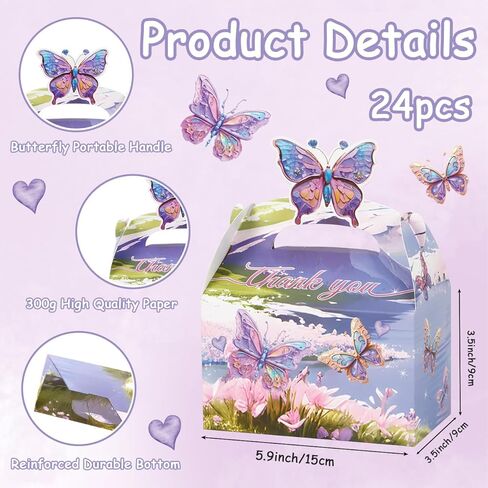 24Pcs Butterfly Party Favor Treat Box, Butterfly Floral Candy Goodie Gable Box, Purple Butterfly Thank You Paper Gift Box for Birthday Wedding Baby Shower Decorations Packaging Supplies (Purple) in Saudi Arabia