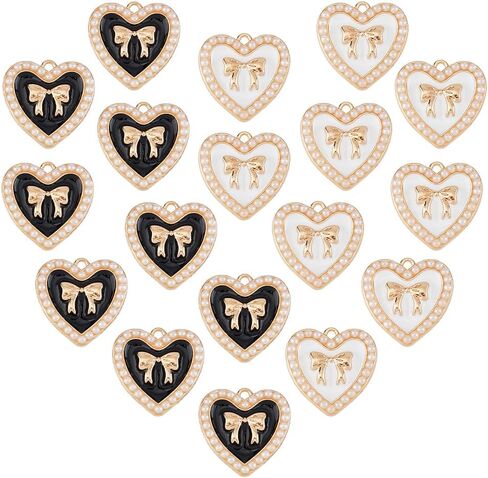 SUPERFINDINGS 20Pcs 2Colors Light Gold Heart with Bowknot Charm Tone Alloy Enamel Bow Pendants Rhinestone Bowtie Charms with Plastic Imitation Pearls for Handmade Jewelry Making Crafts, 21x21mm in Saudi Arabia