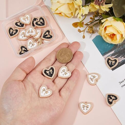 SUPERFINDINGS 20Pcs 2Colors Light Gold Heart with Bowknot Charm Tone Alloy Enamel Bow Pendants Rhinestone Bowtie Charms with Plastic Imitation Pearls for Handmade Jewelry Making Crafts, 21x21mm in Saudi Arabia