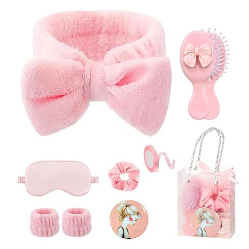 9 Pcs Sleepover Party Supplies for Girls Include Spa Headband Sleep Eye Mask Pink Scrunchie with Coquette Bow Mirror Hair Comb Gift Bags for DIY Spa Sleepover Slumber Wedding Birthday Party Favors in Saudi Arabia