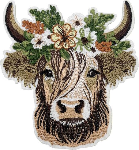Highland Cow with Flower Crown Embroidered Iron on Patches in Saudi Arabia