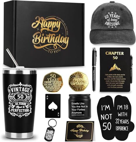 70th Birthday Gifts for Men - Unique Comprehensive Black & Gold Gift Box for Husband, Dad, Grandpa, Friends, Him in Saudi Arabia