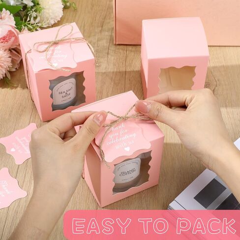 Affrolling 50 Set Pink Candle Gift Box Transparent Gift Packaging Box Bulk for 4-10 oz Candles with Thank You Tag Hemp Rope for Valentine's Day Wedding Birthday Party Favor, 3.35x3.35x3.94 Inch in Saudi Arabia