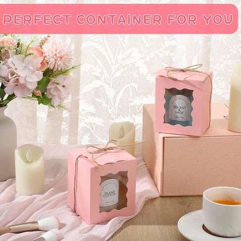 Affrolling 50 Set Pink Candle Gift Box Transparent Gift Packaging Box Bulk for 4-10 oz Candles with Thank You Tag Hemp Rope for Valentine's Day Wedding Birthday Party Favor, 3.35x3.35x3.94 Inch in Saudi Arabia