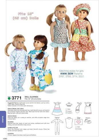 Kwik Sew K3771 Doll Clothes Sewing Pattern, Size Fits 18-Inch Dolls in Saudi Arabia