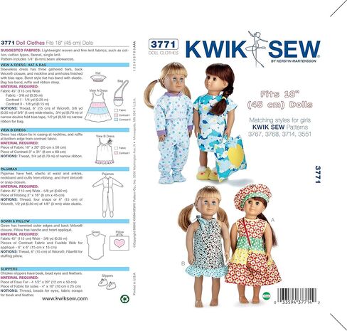 Kwik Sew K3771 Doll Clothes Sewing Pattern, Size Fits 18-Inch Dolls in Saudi Arabia