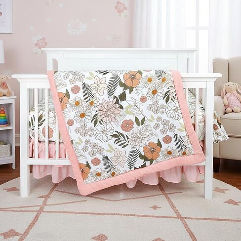 Green Leaf Crib Bedding Set, 4-Piece Baby Boy Bedding Set, Neutral Nursery Bedding Set, Fitted Crib Sheet, Crib Skirt, Baby Quilt, and Diaper Stacker, Sage in Kuwait