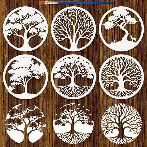 FINGERINSPIRE 6Pcs Circular Tree Painting Stencil with Paint Brush 7.9x7.9inch Tree of Life Stencils Round Reusable Trees Stencils Plastic Drawing Natural Trees Stencil for Painting on Wood Home Decor in Saudi Arabia