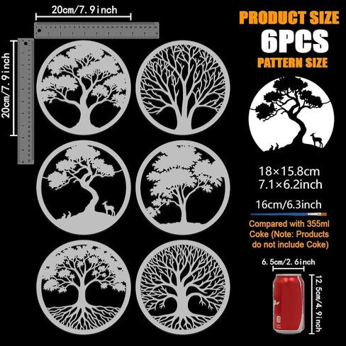 FINGERINSPIRE 6Pcs Circular Tree Painting Stencil with Paint Brush 7.9x7.9inch Tree of Life Stencils Round Reusable Trees Stencils Plastic Drawing Natural Trees Stencil for Painting on Wood Home Decor in Saudi Arabia