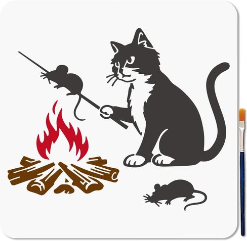 MAYJOYDIY Cat Roasting Mouse Stencils Reusable Campfire Stick Stencil for Painting 11.8×11.8 inch Firewood Mouse Drawing Template with Paint Brush for Wall Furniture Paper Canvas Scrapbook Decoration in Saudi Arabia