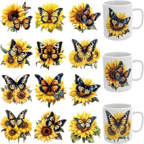 UV DTF Cup Wrap, 12 Sheets Butterfly Sunflower Transfers Stickers, Waterproof UV DTF Transfer Decals for Wood Tumbler Water Bottle in Saudi Arabia
