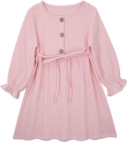 فستان IZYJOY للفتيات الصغيرات من القطن والكتان بأكمام طويلة ورقبة دائرية وأزرار سفلية وحزام قابل للتعديل فستان كاجوال للخريف الأبيض in Kuwait