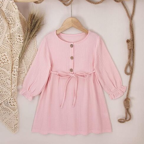 فستان IZYJOY للفتيات الصغيرات من القطن والكتان بأكمام طويلة ورقبة دائرية وأزرار سفلية وحزام قابل للتعديل فستان كاجوال للخريف الأبيض in Kuwait