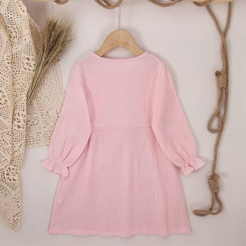 فستان IZYJOY للفتيات الصغيرات من القطن والكتان بأكمام طويلة ورقبة دائرية وأزرار سفلية وحزام قابل للتعديل فستان كاجوال للخريف الأبيض in Kuwait