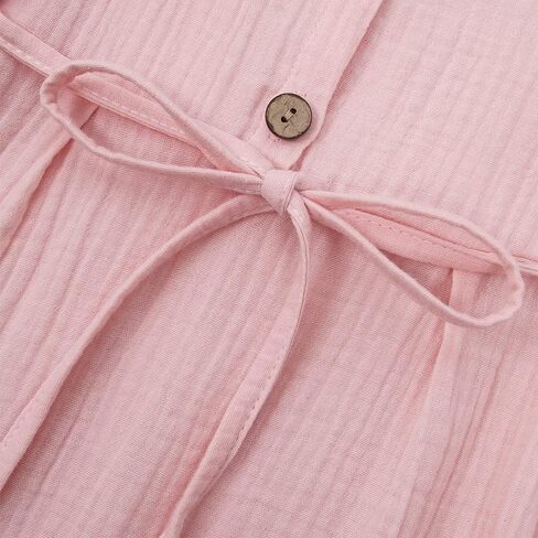 فستان IZYJOY للفتيات الصغيرات من القطن والكتان بأكمام طويلة ورقبة دائرية وأزرار سفلية وحزام قابل للتعديل فستان كاجوال للخريف الأبيض in Kuwait