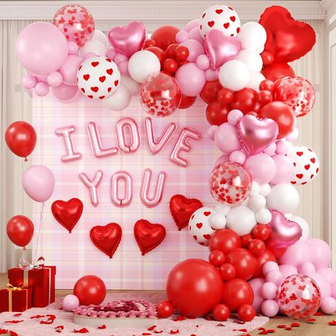 Valentines Day Balloon Arch Garland Kit, Valentine Pink White Red Heart I LOVE YOU Balloons with Rose Petals for Bachelorette Bridal Engagement Birthday Galentines Valentines Party Decorations in Saudi Arabia
